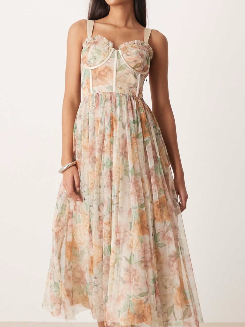 Floral Bustier Midi Dress in Blush and Peach